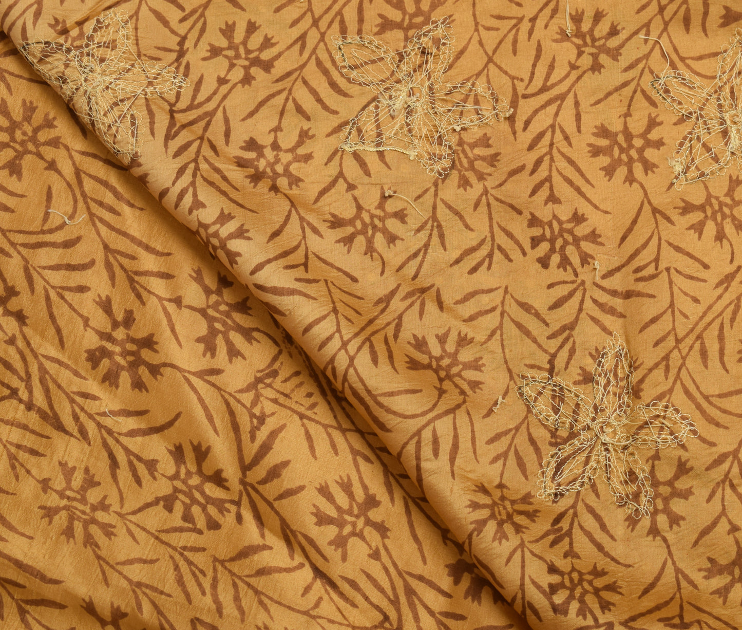 Sushila Vintage Brown & Cream Saree 100%Pure Silk Hand Beaded Floral Sari Fabric