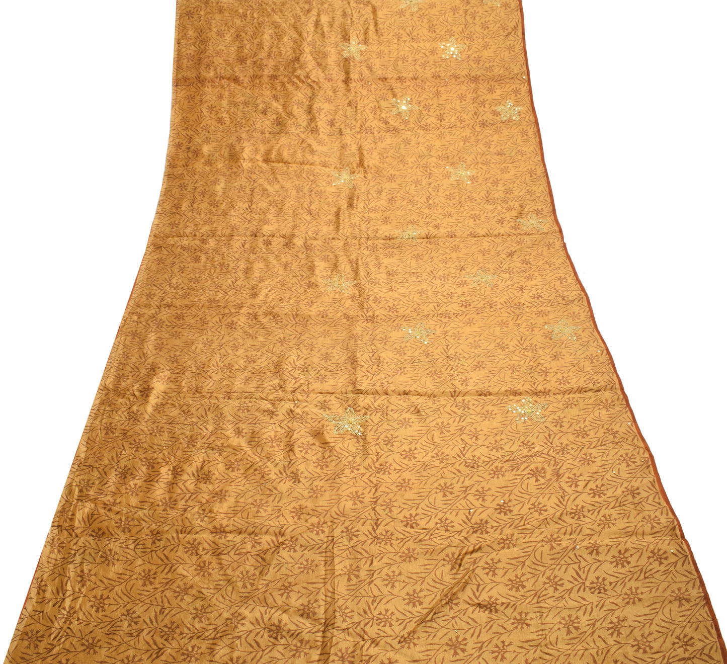 Sushila Vintage Brown & Cream Saree 100%Pure Silk Hand Beaded Floral Sari Fabric