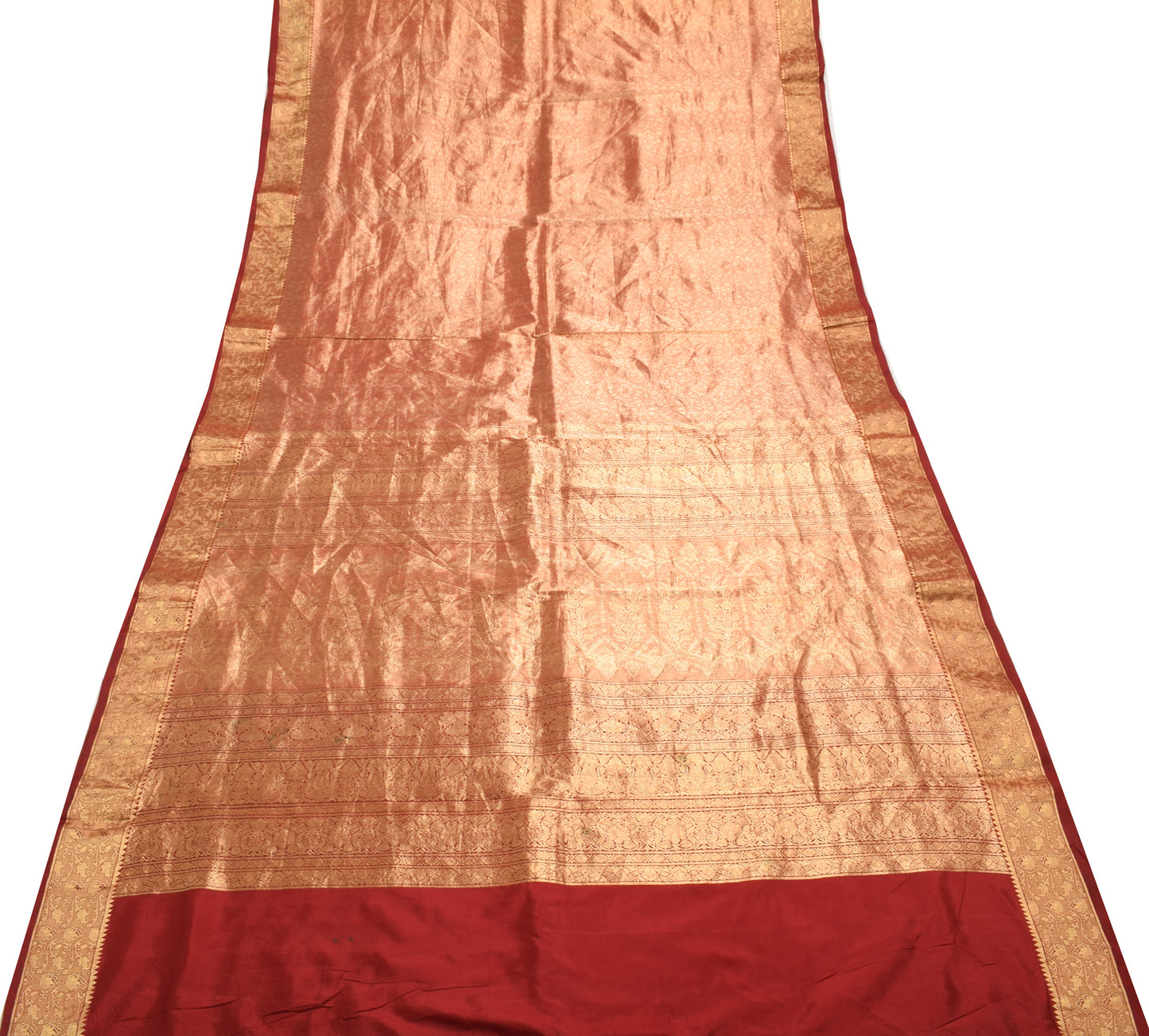 Sushila Vintage Maroon Saree 100% Pure Silk All over Woven Floral Sari Fabric