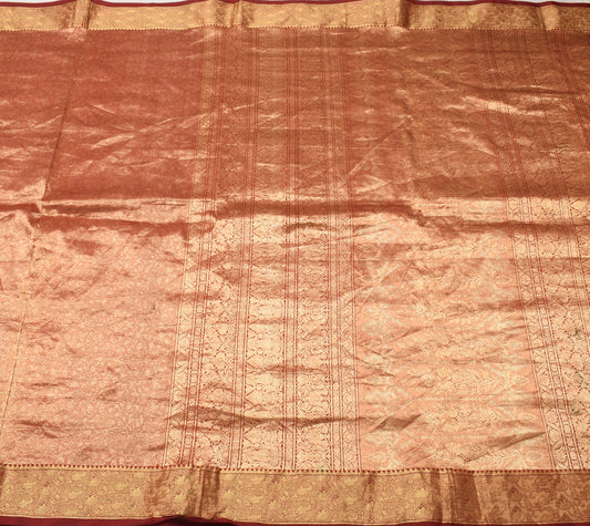 Sushila Vintage Maroon Saree 100% Pure Silk All over Woven Floral Sari Fabric