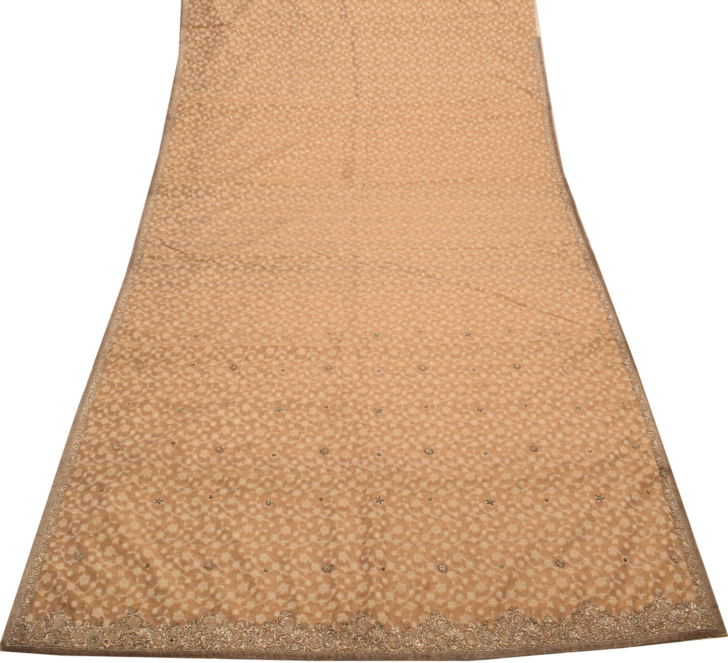 Sushila Vintage Brown Saree Blend Silk Hand Beaded Floral 5 YD Sari Craft Fabric