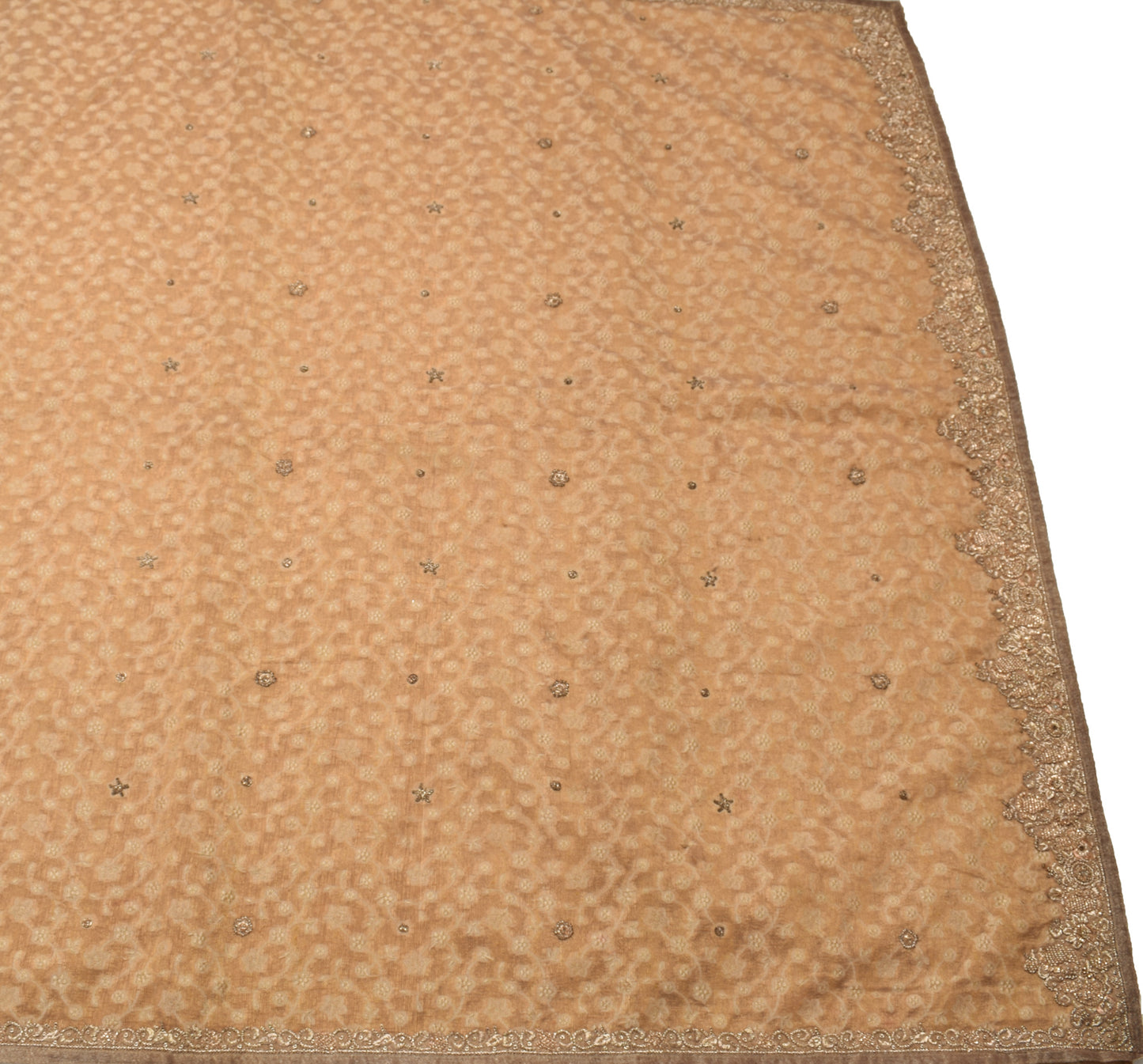 Sushila Vintage Brown Saree Blend Silk Hand Beaded Floral 5 YD Sari Craft Fabric