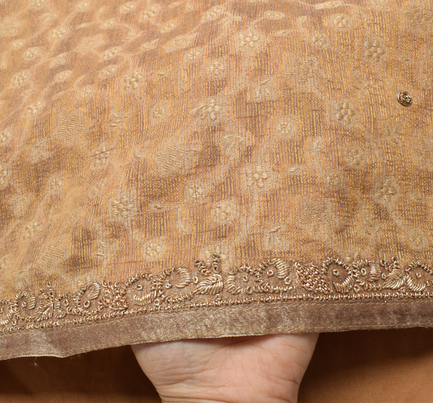 Sushila Vintage Brown Saree Blend Silk Hand Beaded Floral 5 YD Sari Craft Fabric