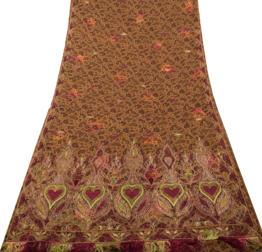 Sushila Vintage Brown Saree Blend Silk Printed Paisley Sari Soft Craft  Fabric