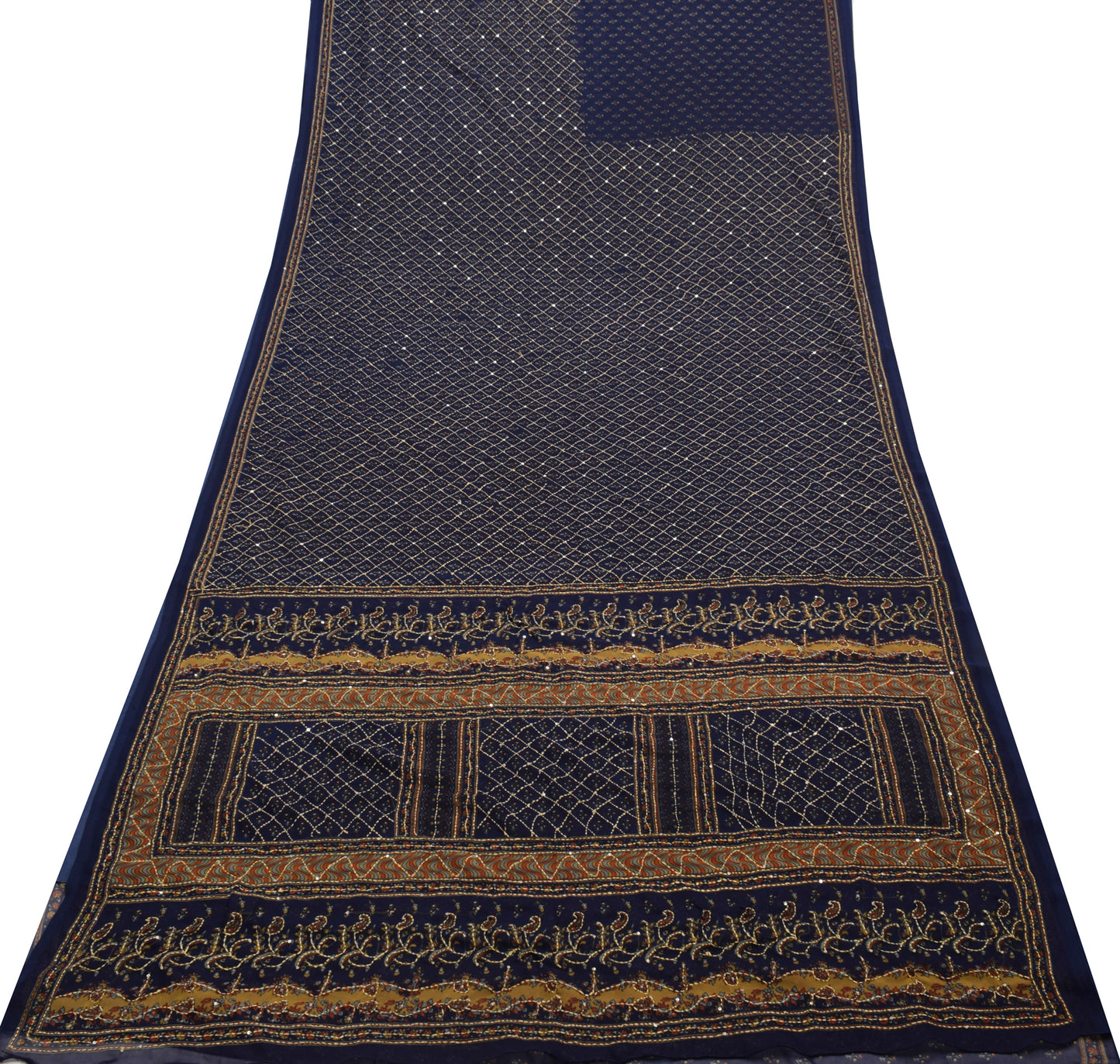 Sushila Vintage Blue Saree Blend Georgette Silk Hand Embroidered Sari Fabric