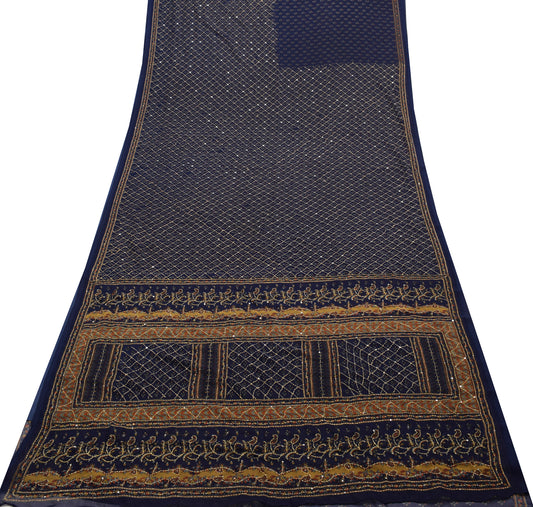 Sushila Vintage Blue Saree Blend Georgette Silk Hand Embroidered Sari Fabric