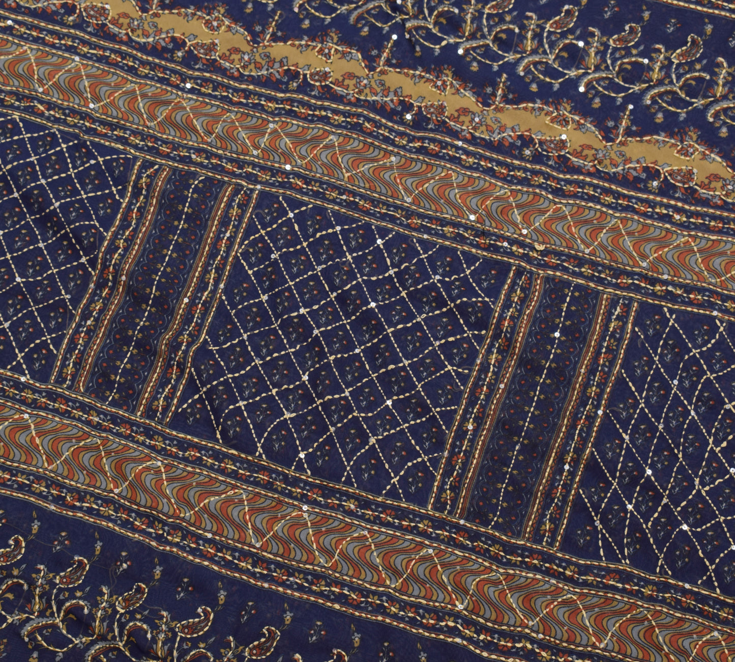 Sushila Vintage Blue Saree Blend Georgette Silk Hand Embroidered Sari Fabric