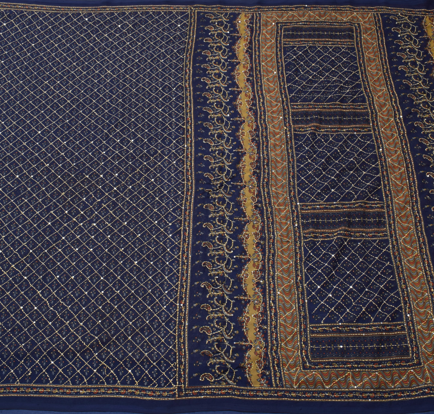 Sushila Vintage Blue Saree Blend Georgette Silk Hand Embroidered Sari Fabric