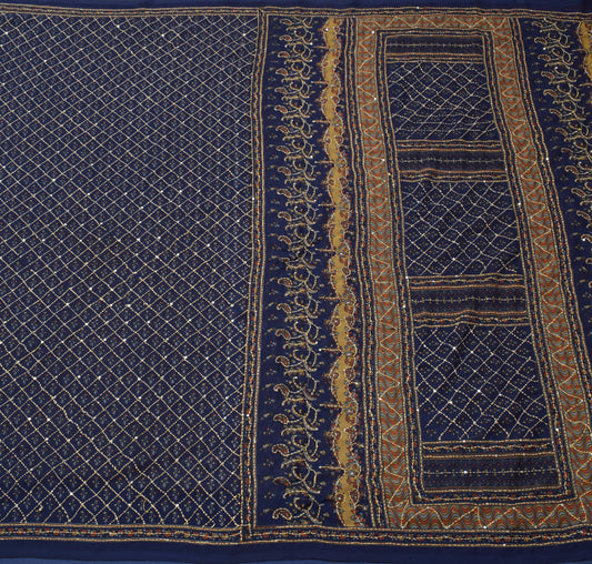 Sushila Vintage Blue Saree Blend Georgette Silk Hand Embroidered Sari Fabric
