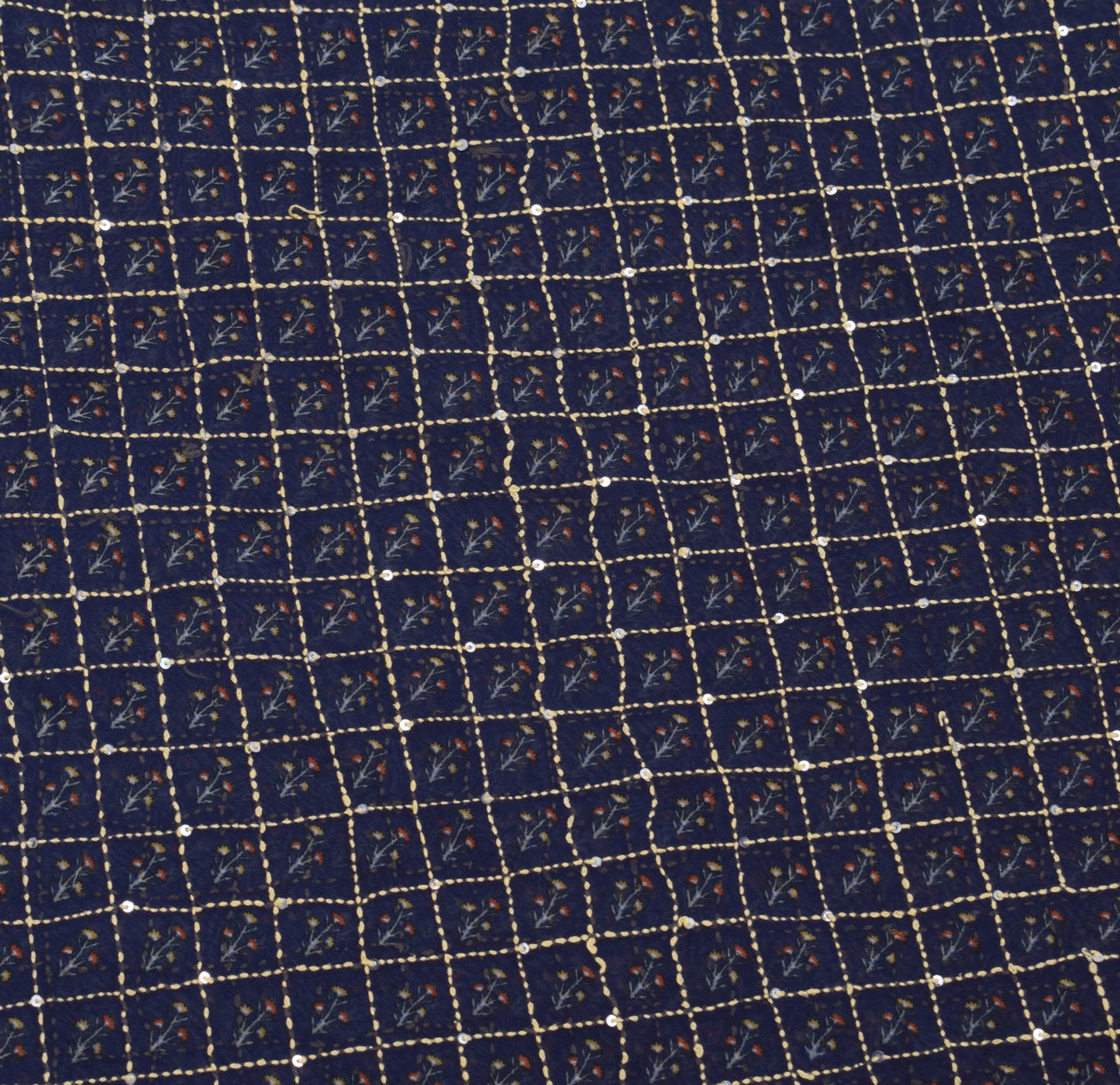 Sushila Vintage Blue Saree Blend Georgette Silk Hand Embroidered Sari Fabric