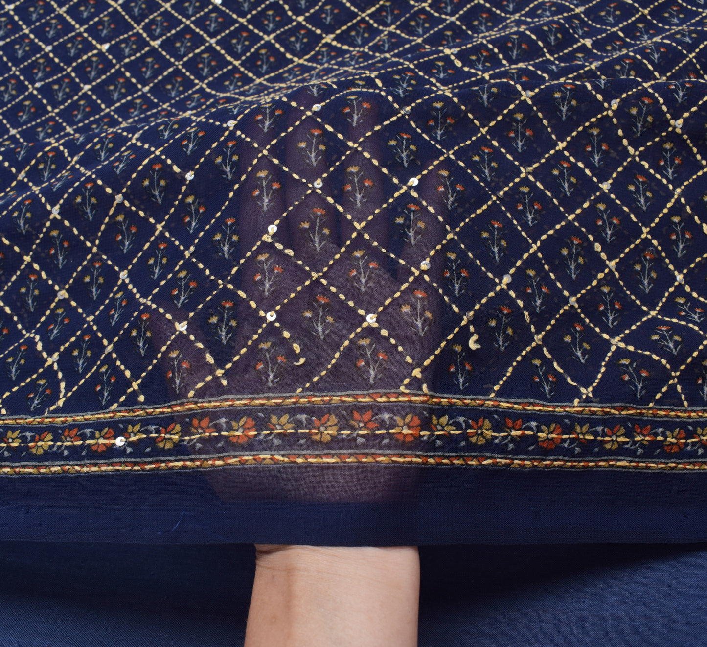Sushila Vintage Blue Saree Blend Georgette Silk Hand Embroidered Sari Fabric