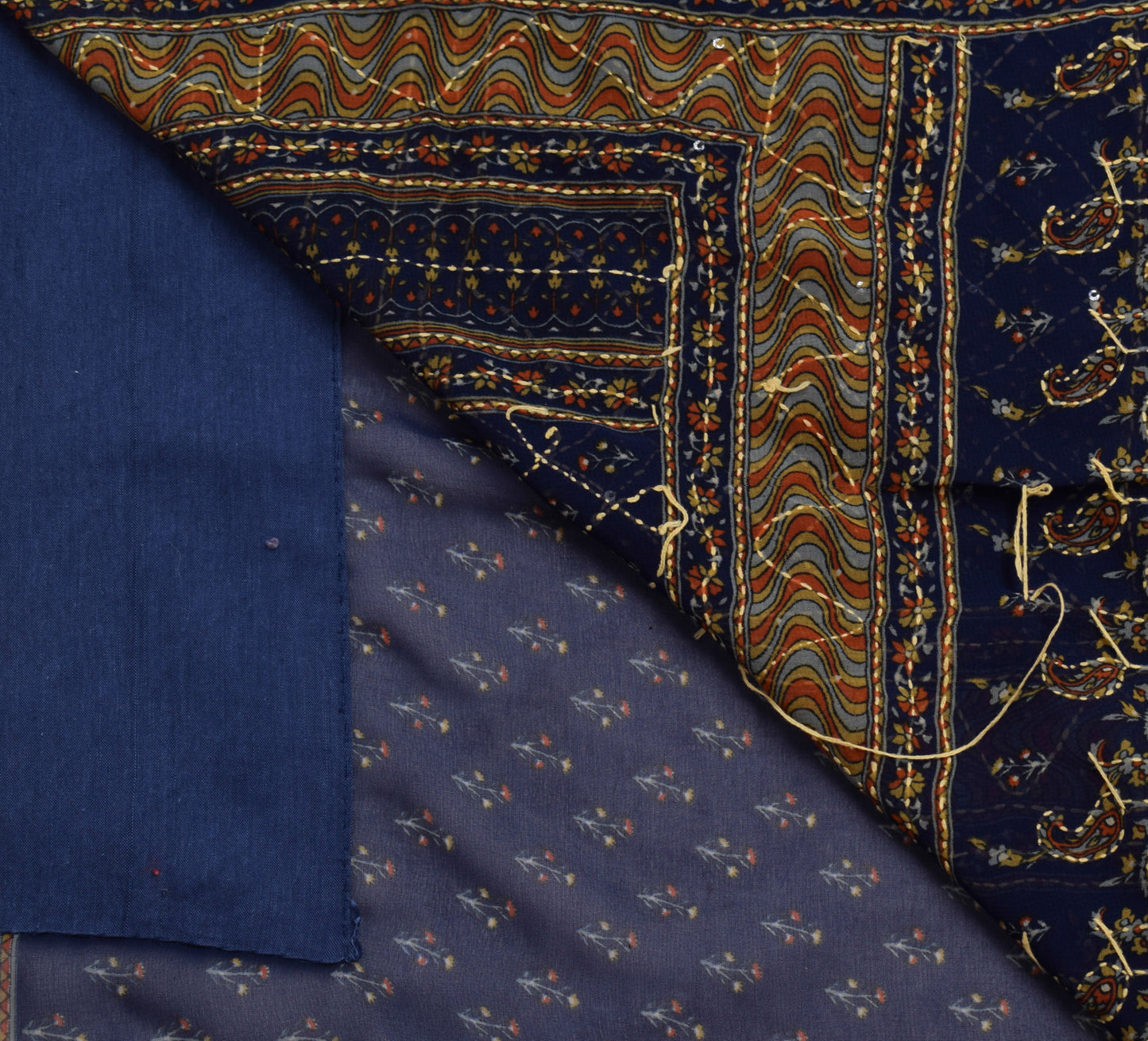 Sushila Vintage Blue Saree Blend Georgette Silk Hand Embroidered Sari Fabric
