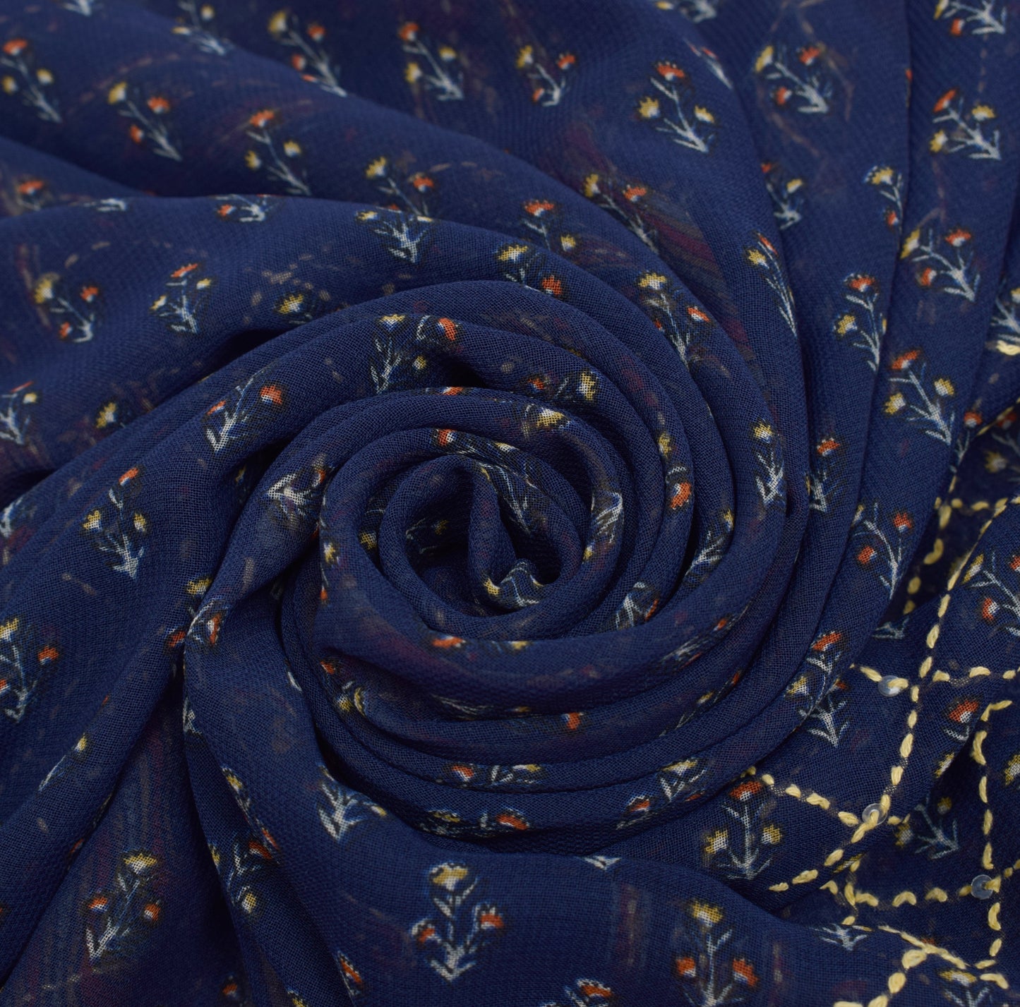 Sushila Vintage Blue Saree Blend Georgette Silk Hand Embroidered Sari Fabric