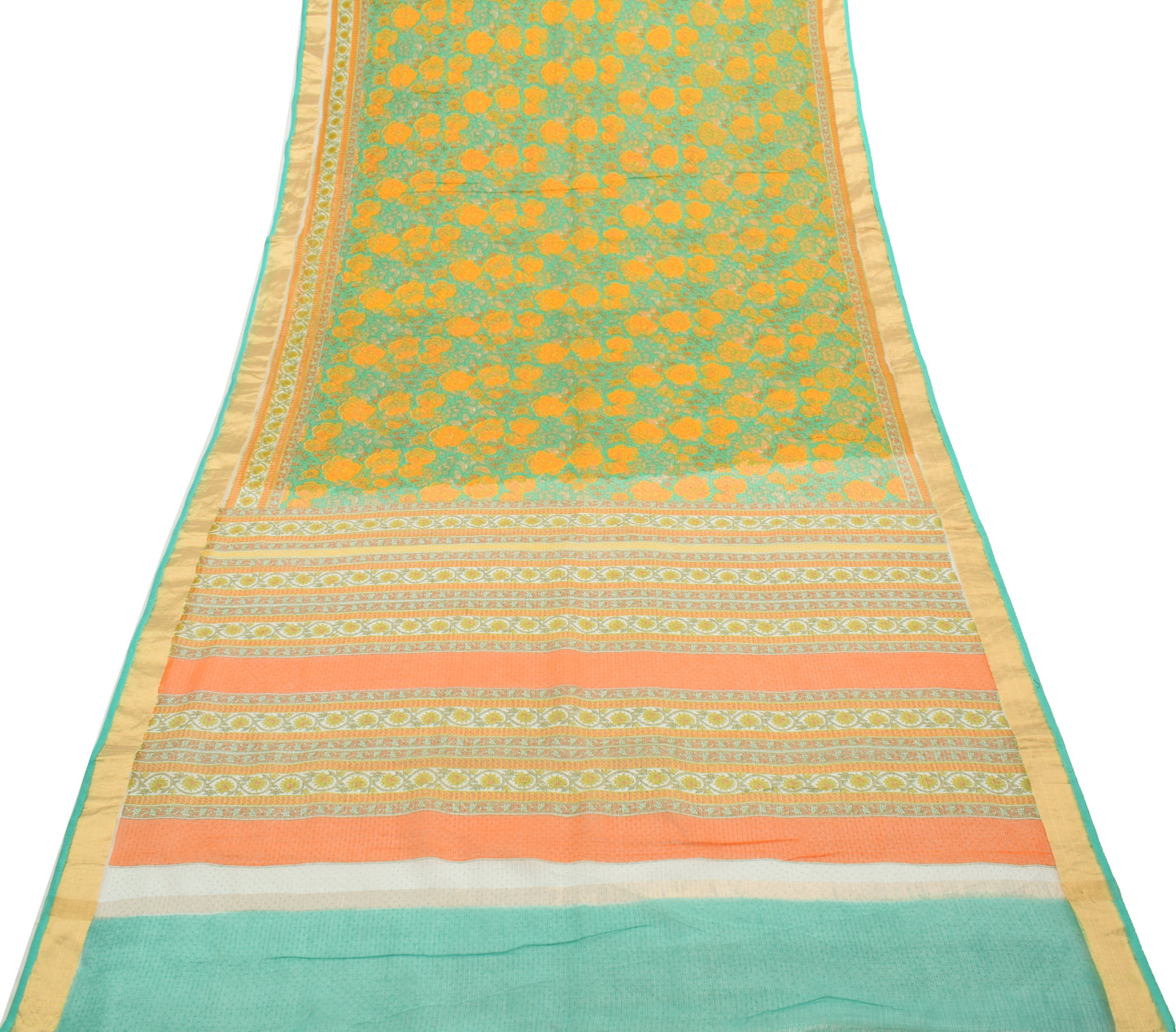 Sushila Vintage Green Saree 100% Pure Cotton Printed Floral Sari Craft Fabric