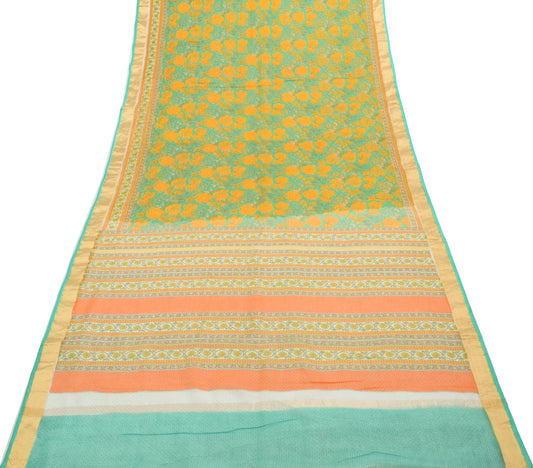 Sushila Vintage Green Saree 100% Pure Cotton Printed Floral Sari Craft Fabric