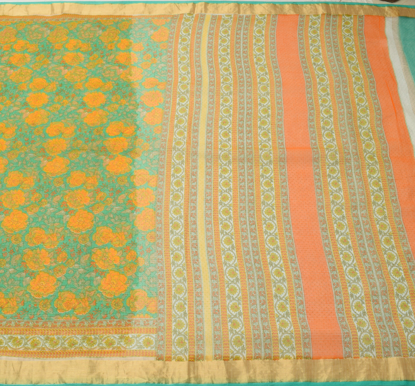 Sushila Vintage Green Saree 100% Pure Cotton Printed Floral Sari Craft Fabric