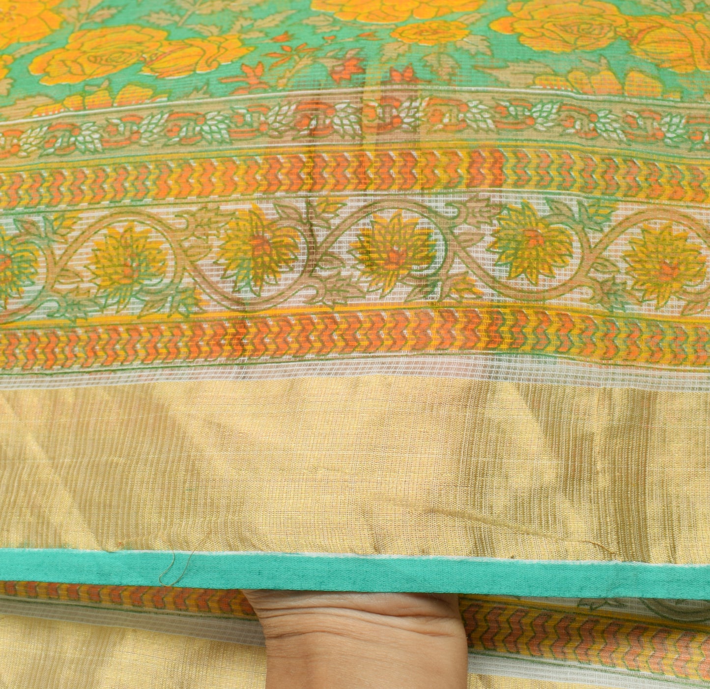 Sushila Vintage Green Saree 100% Pure Cotton Printed Floral Sari Craft Fabric
