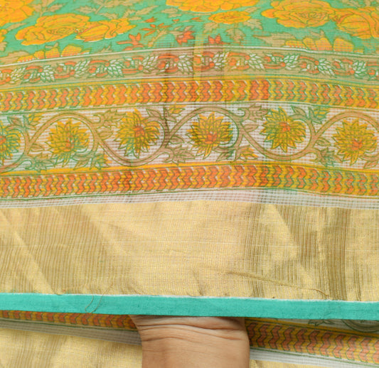Sushila Vintage Green Saree 100% Pure Cotton Printed Floral Sari Craft Fabric