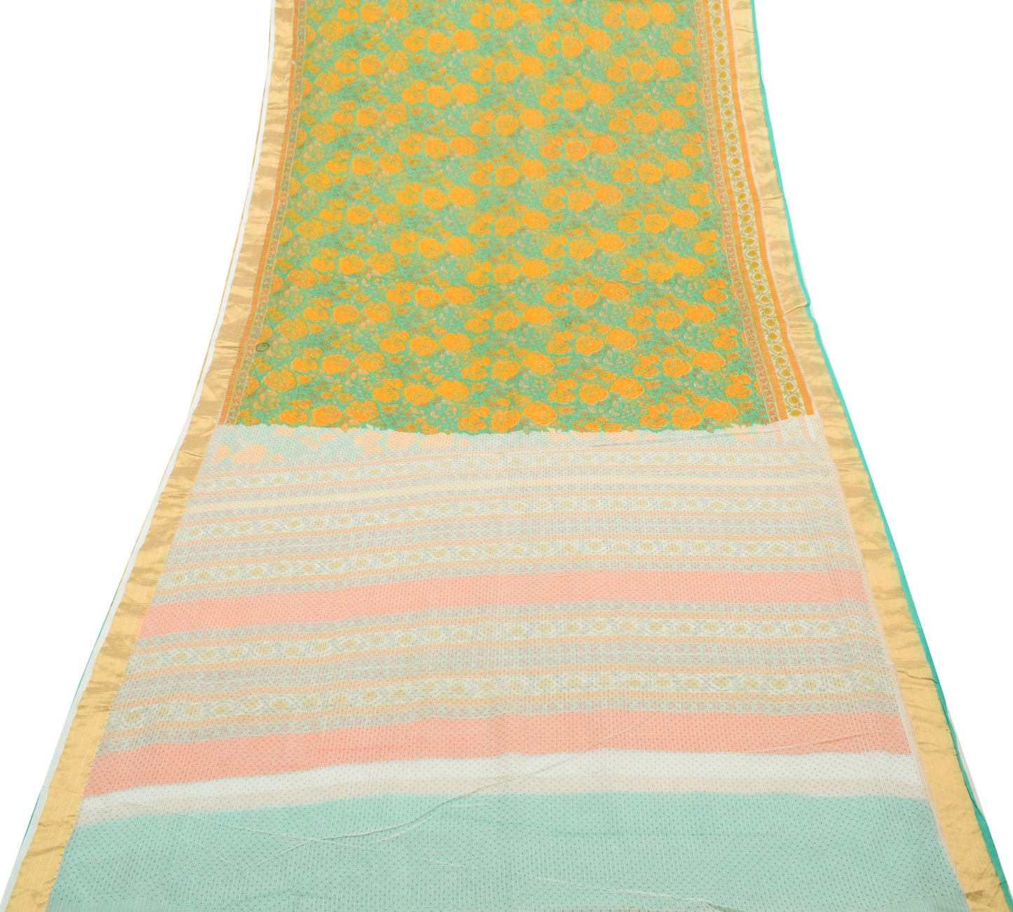 Sushila Vintage Green Saree 100% Pure Cotton Printed Floral Sari Craft Fabric