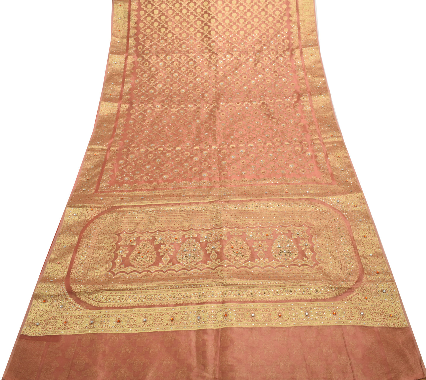 Sushila Vintage Peach Saree Blend Tissue Silk Hand Beaded Floral 5YD Sari Fabric