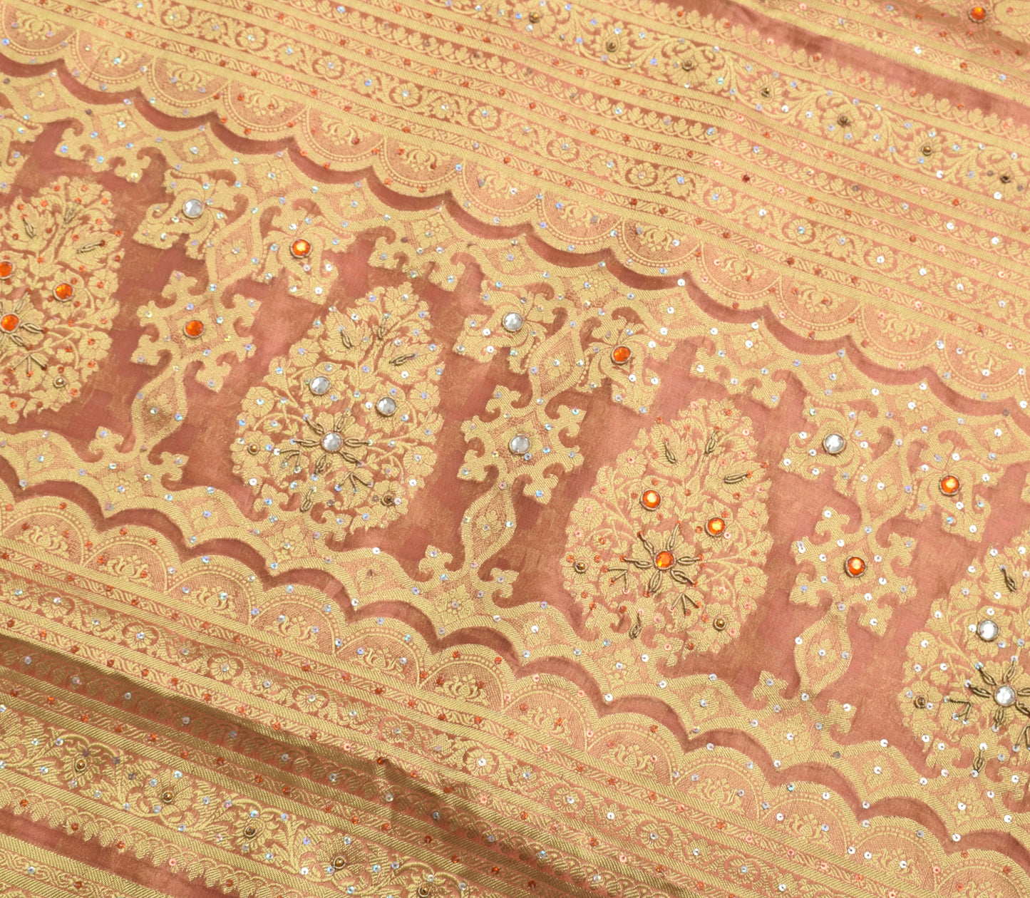 Sushila Vintage Peach Saree Blend Tissue Silk Hand Beaded Floral 5YD Sari Fabric