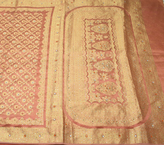 Sushila Vintage Peach Saree Blend Tissue Silk Hand Beaded Floral 5YD Sari Fabric