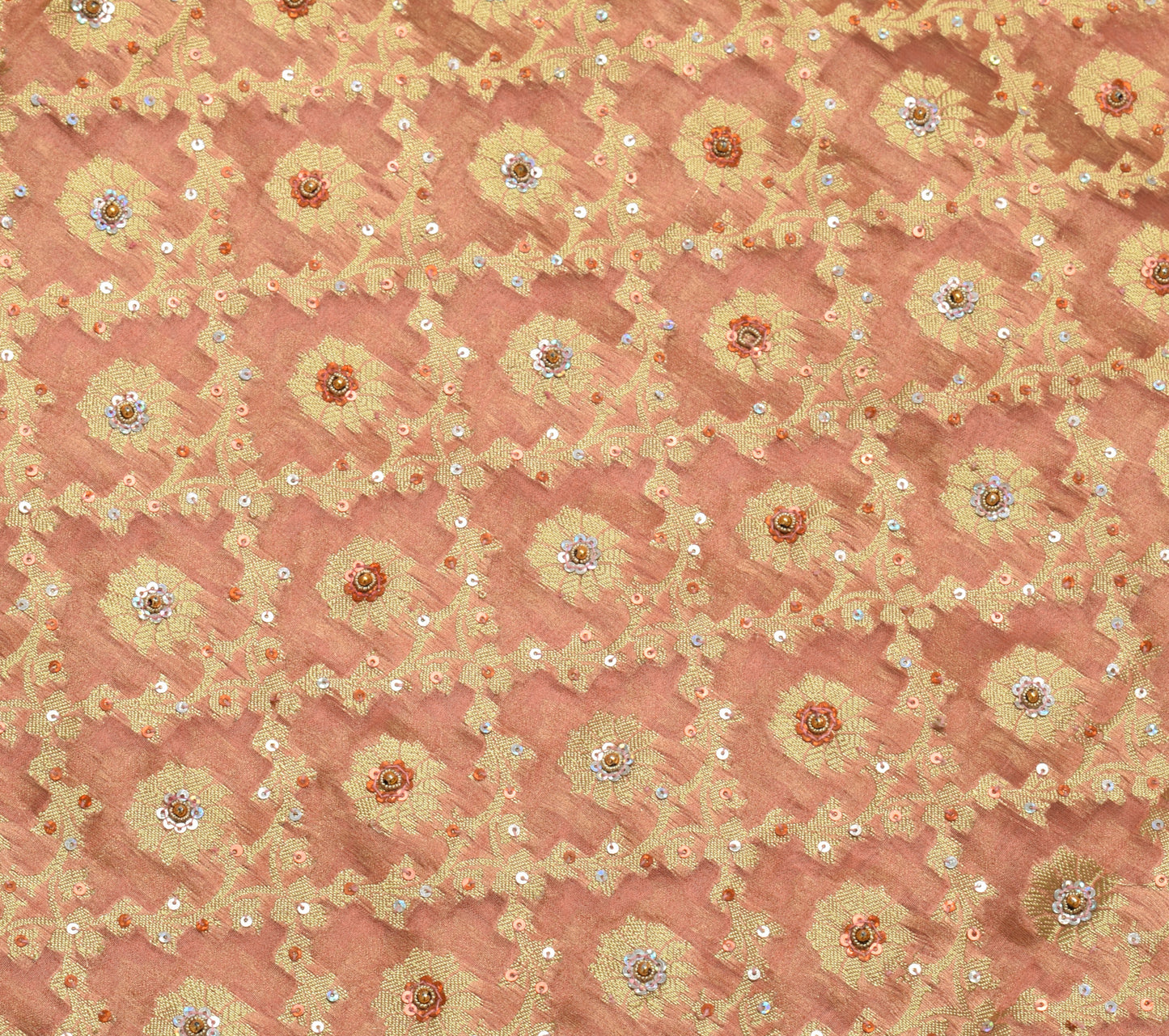 Sushila Vintage Peach Saree Blend Tissue Silk Hand Beaded Floral 5YD Sari Fabric