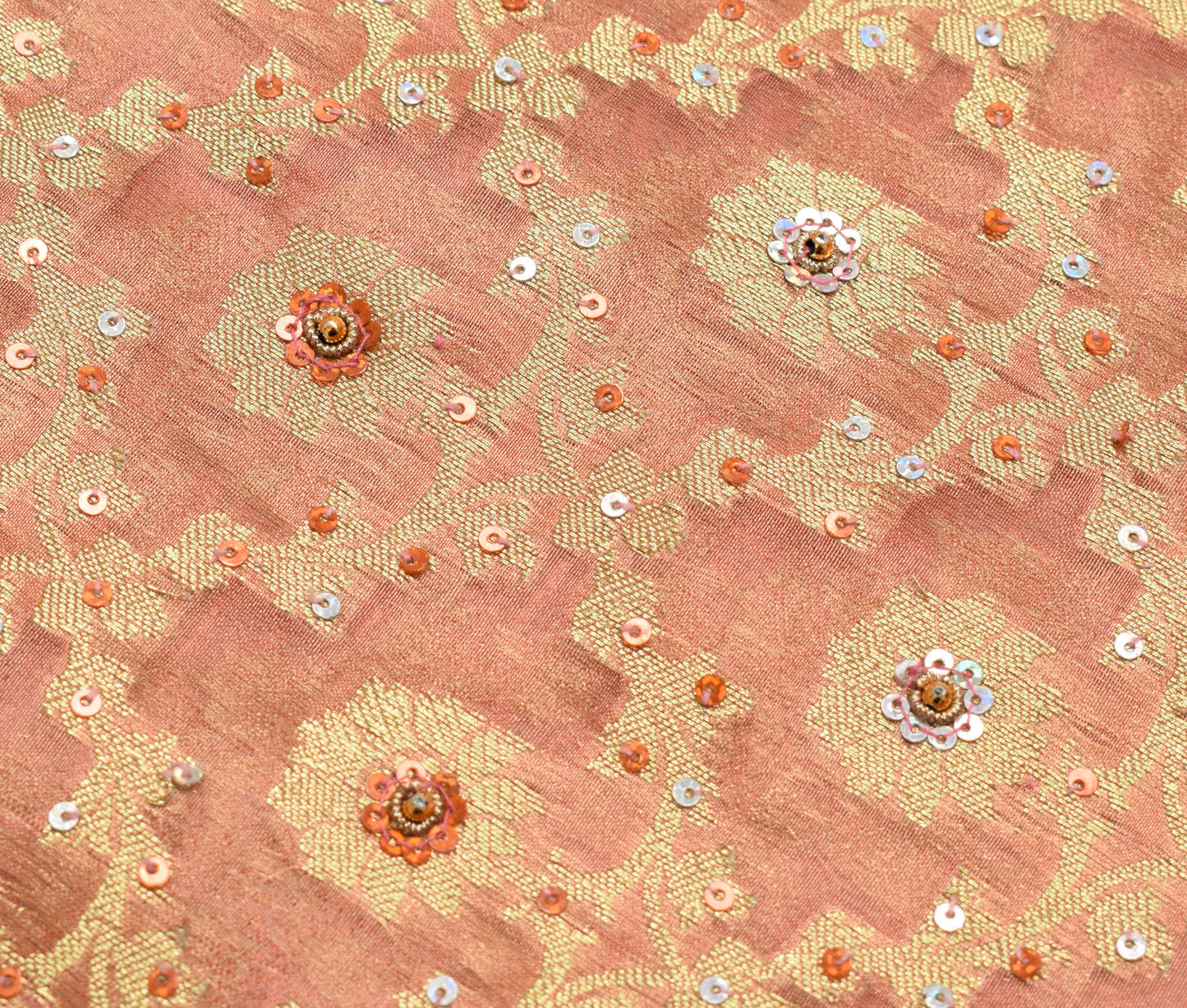 Sushila Vintage Peach Saree Blend Tissue Silk Hand Beaded Floral 5YD Sari Fabric