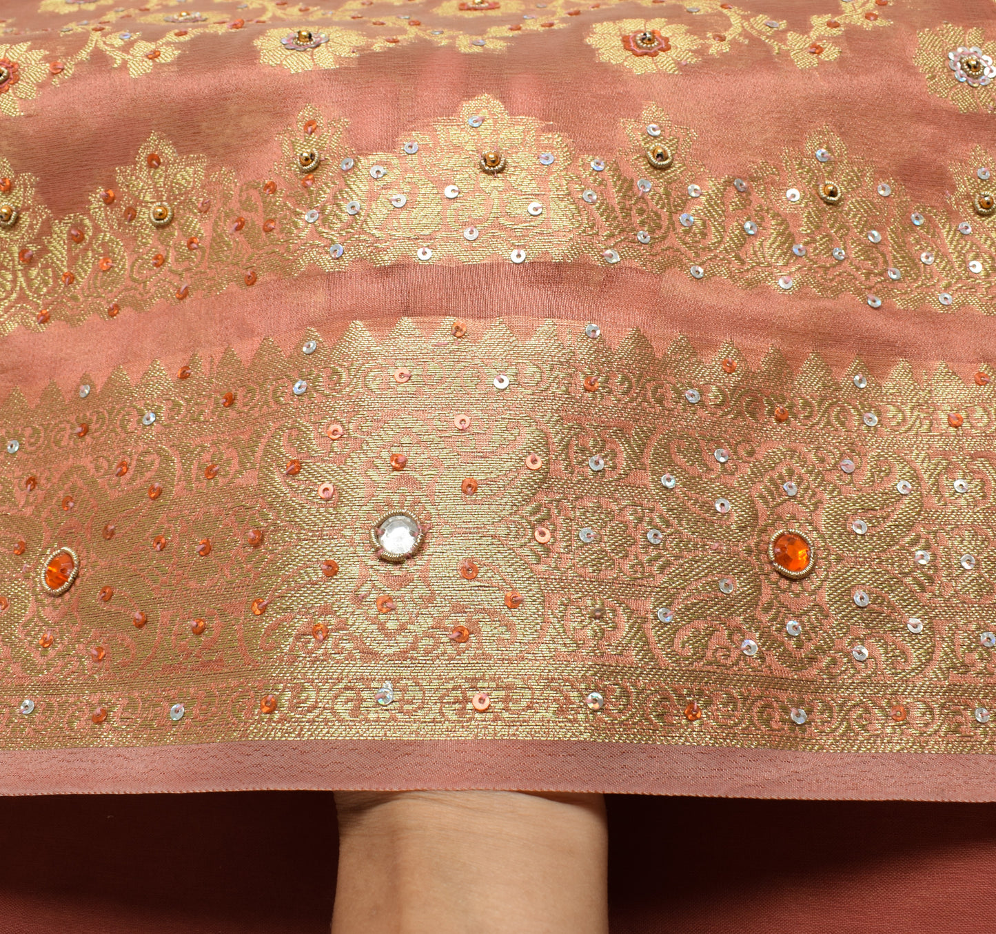 Sushila Vintage Peach Saree Blend Tissue Silk Hand Beaded Floral 5YD Sari Fabric
