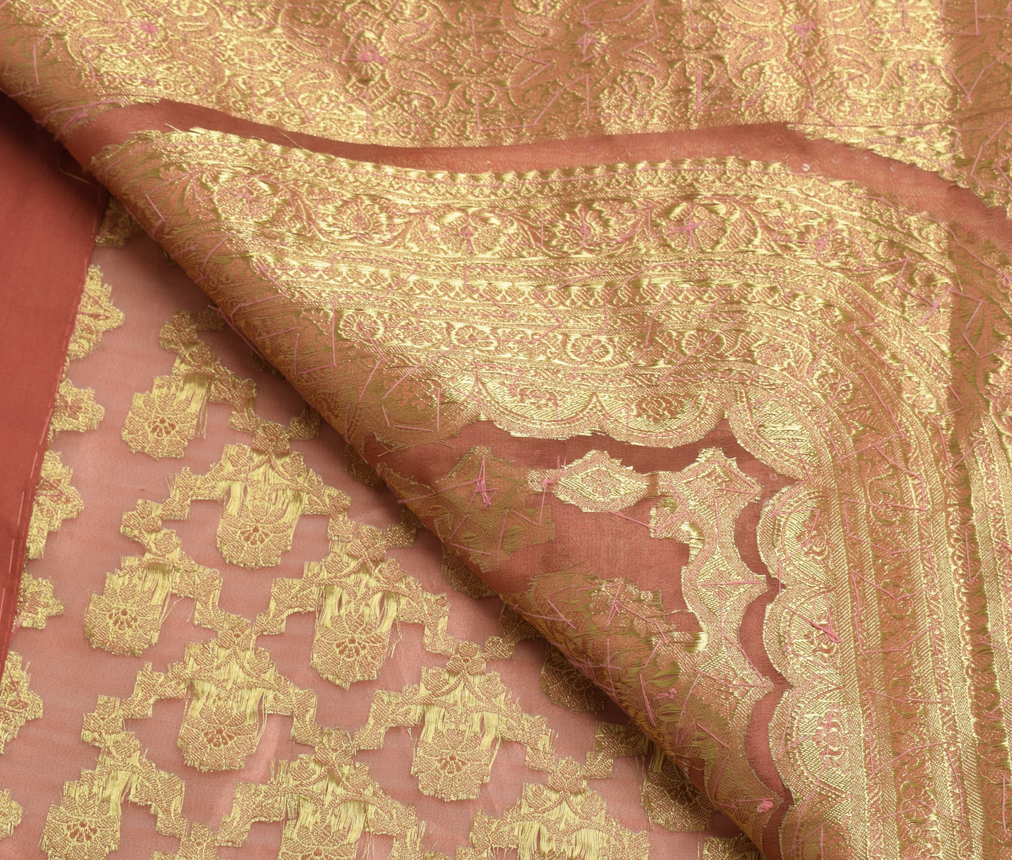 Sushila Vintage Peach Saree Blend Tissue Silk Hand Beaded Floral 5YD Sari Fabric