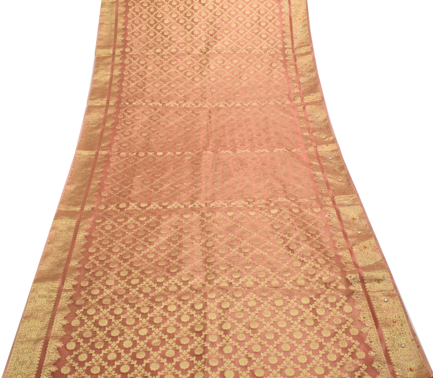 Sushila Vintage Peach Saree Blend Tissue Silk Hand Beaded Floral 5YD Sari Fabric