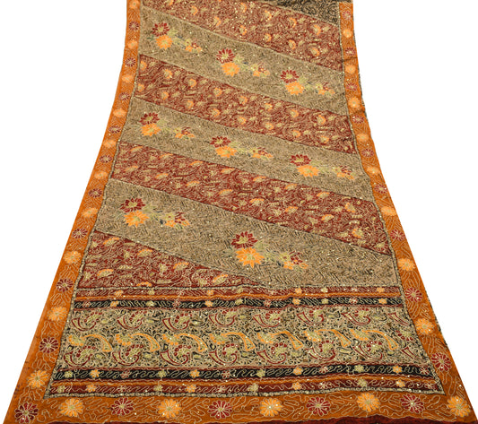 Sushila Vintage MultiColor Saree 100%Pure Georgette Silk Hand Beaded Sari Fabric