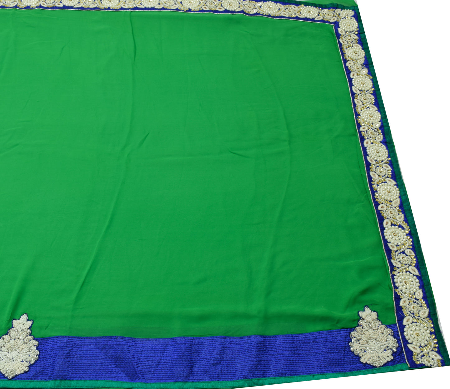 Sushila Vintage Green Saree 100%Pure Georgette Silk Patch Work Sari Craft Fabric