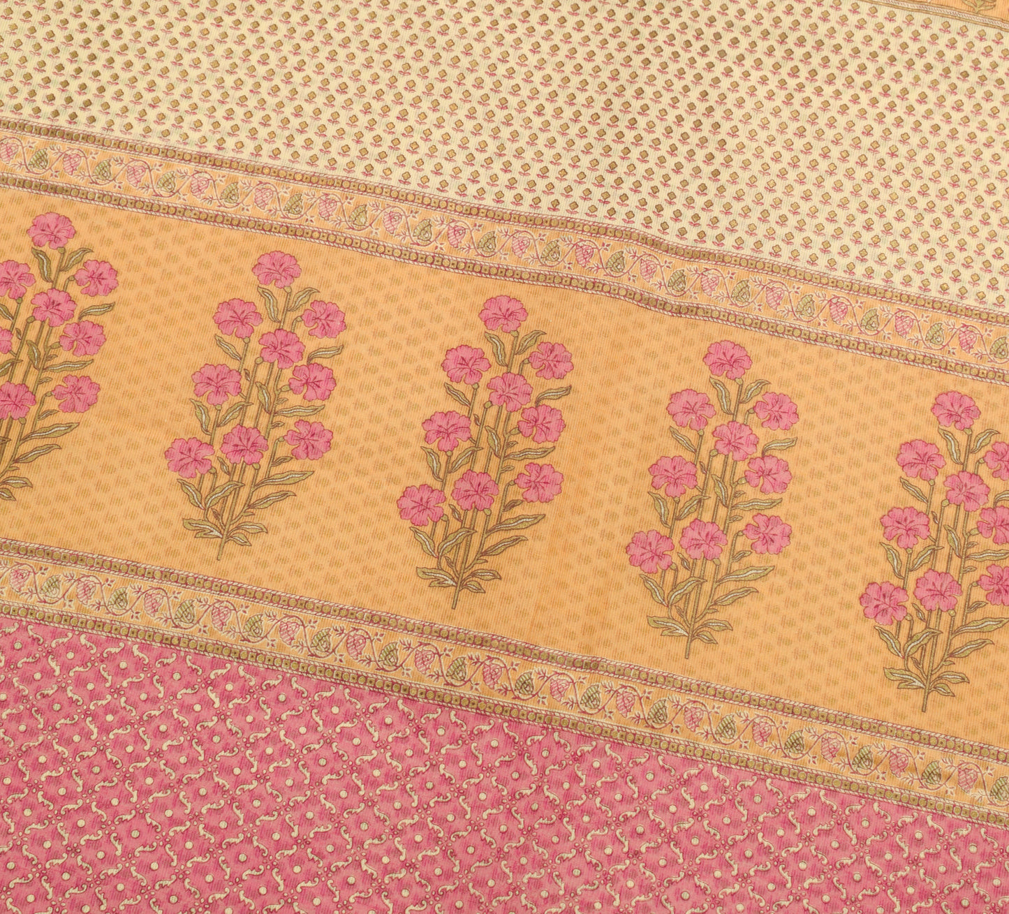 Sushila Vintage Cream Indian Saree Blend Cotton Printed Floral Sari Craft Fabric