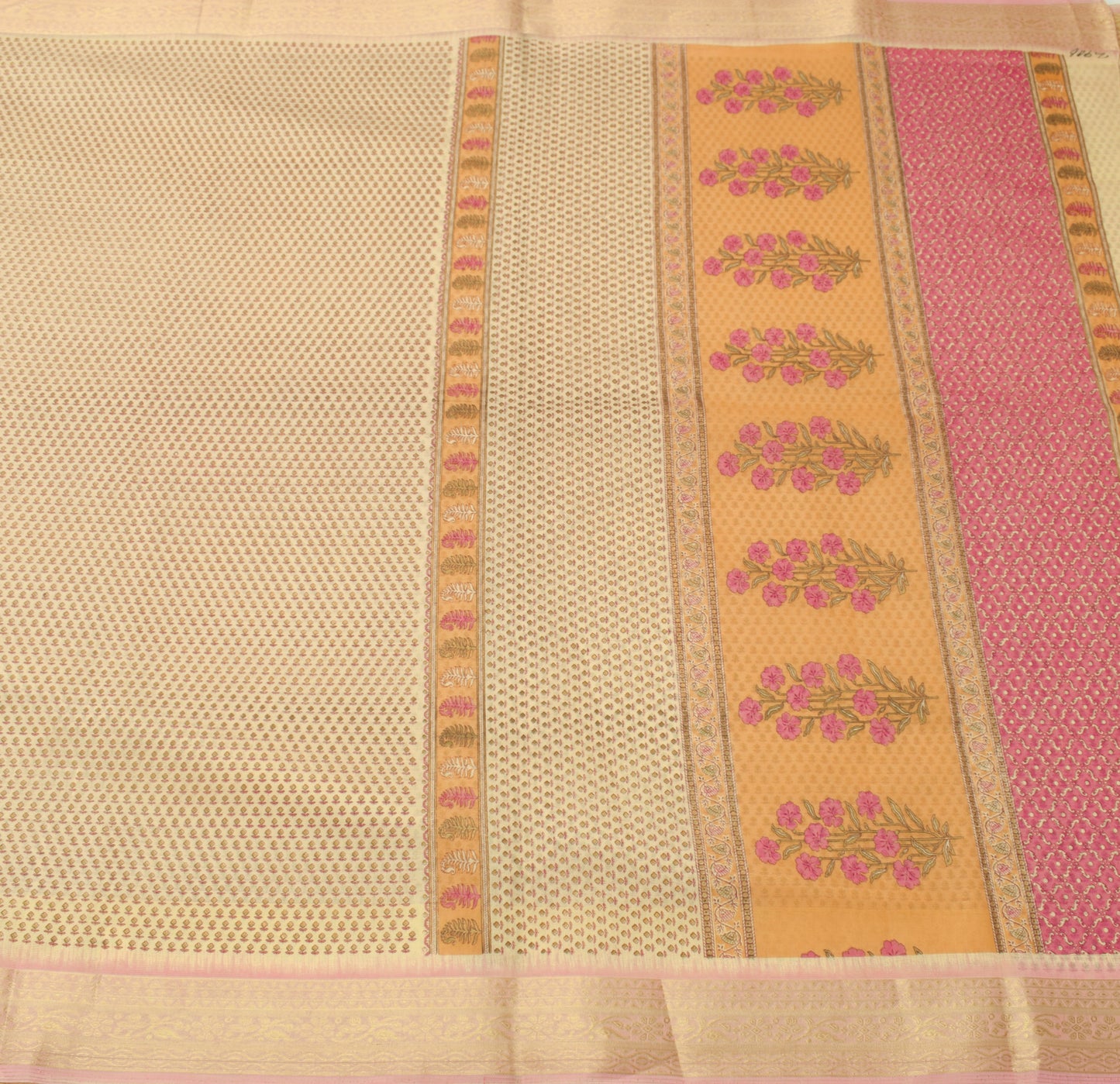 Sushila Vintage Cream Indian Saree Blend Cotton Printed Floral Sari Craft Fabric