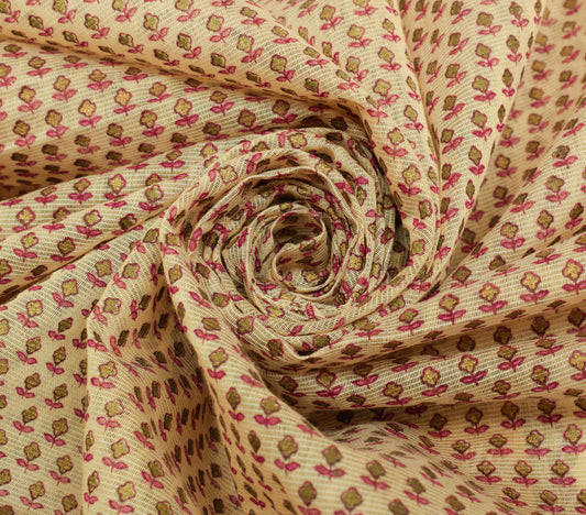 Sushila Vintage Cream Indian Saree Blend Cotton Printed Floral Sari Craft Fabric