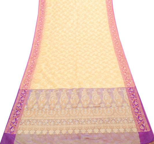 Sushila Vintage Cream Saree Blend Silk All Over Woven Floral Sari Craft Fabric