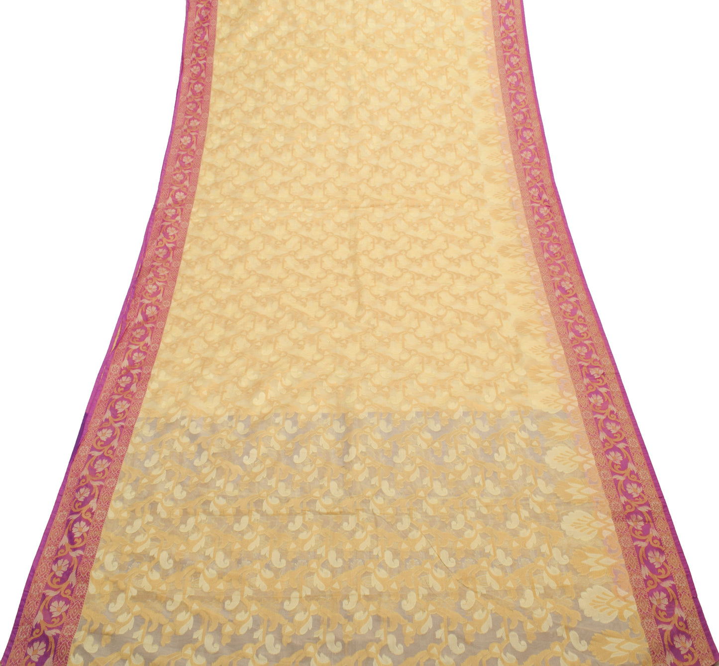 Sushila Vintage Cream Saree Blend Silk All Over Woven Floral Sari Craft Fabric
