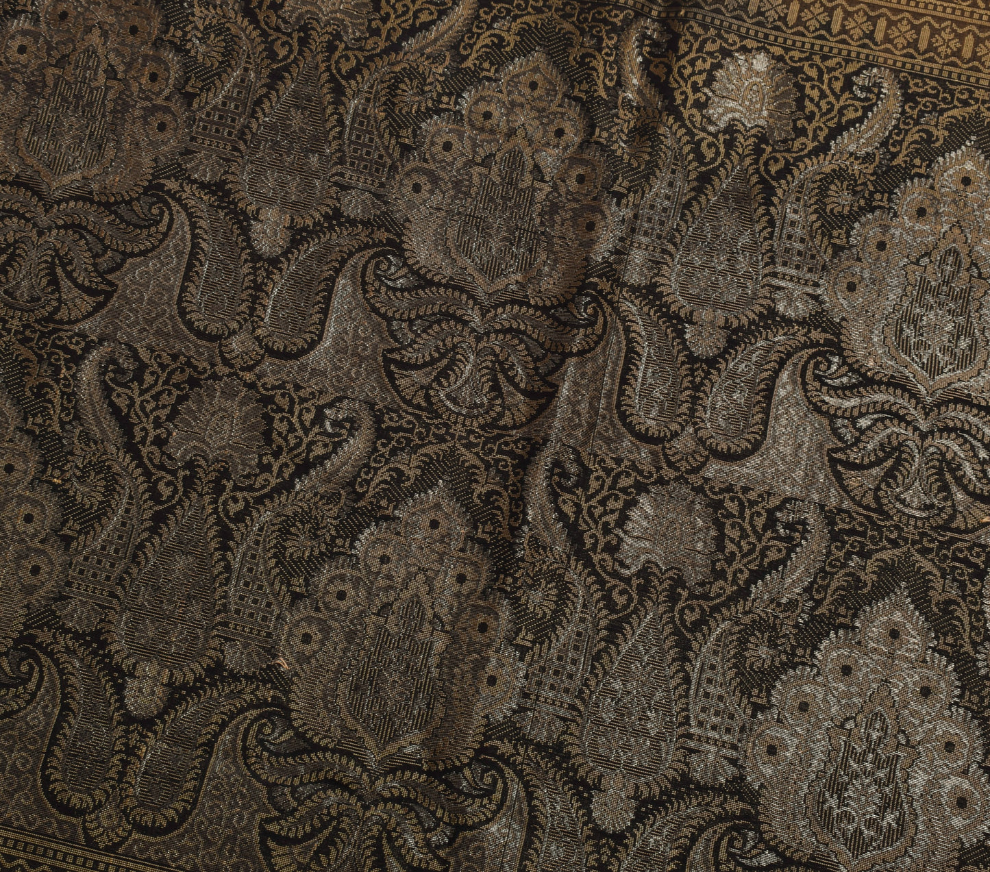 Sushila Vintage Brown Saree 100% Pure Silk All Over Woven Paisley Sari Fabric