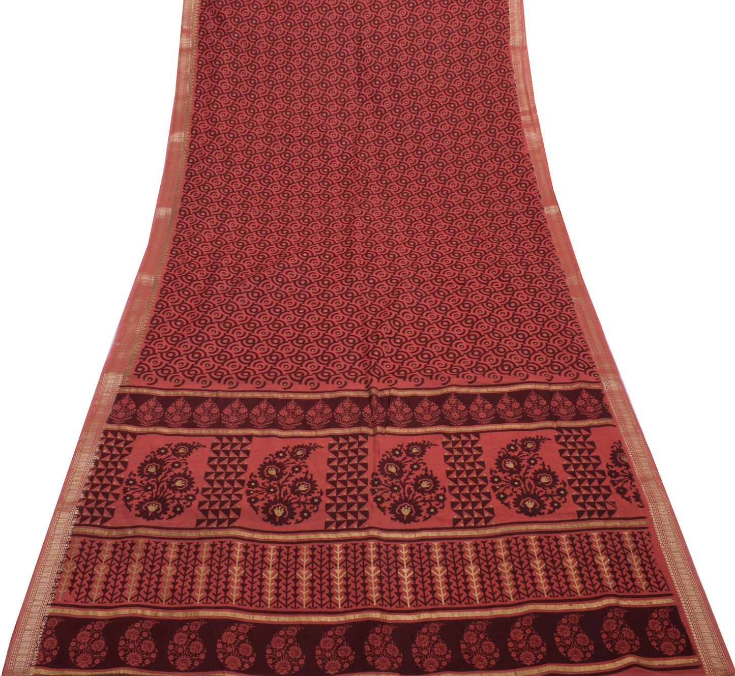 Sushila Vintage Brown Saree 100% Pure Cotton Printed & Woven Sari Craft  Fabric