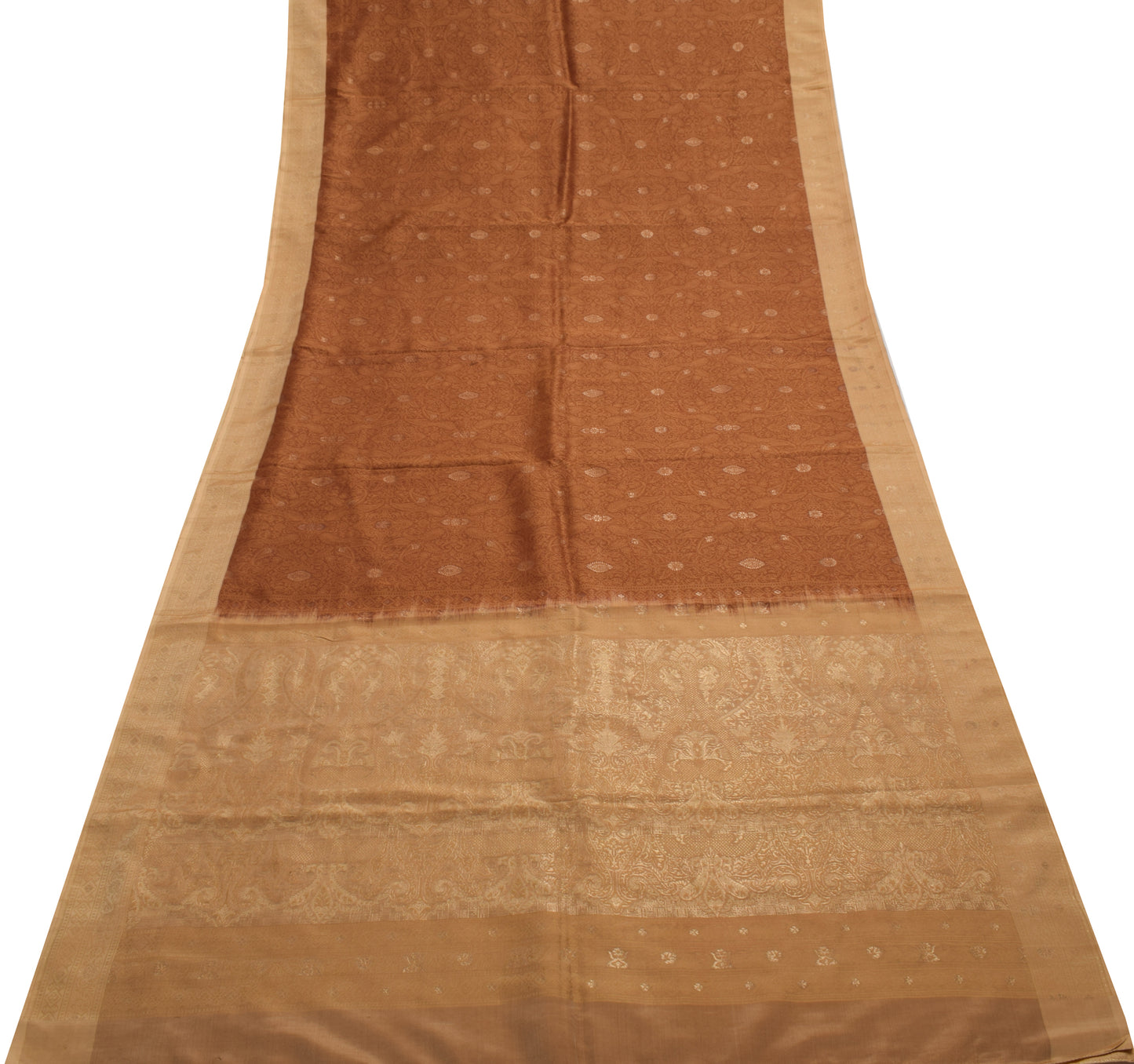 Sushila Vintage Brown Saree 100% Pure Silk All Over Woven Paisley Sari Fabric