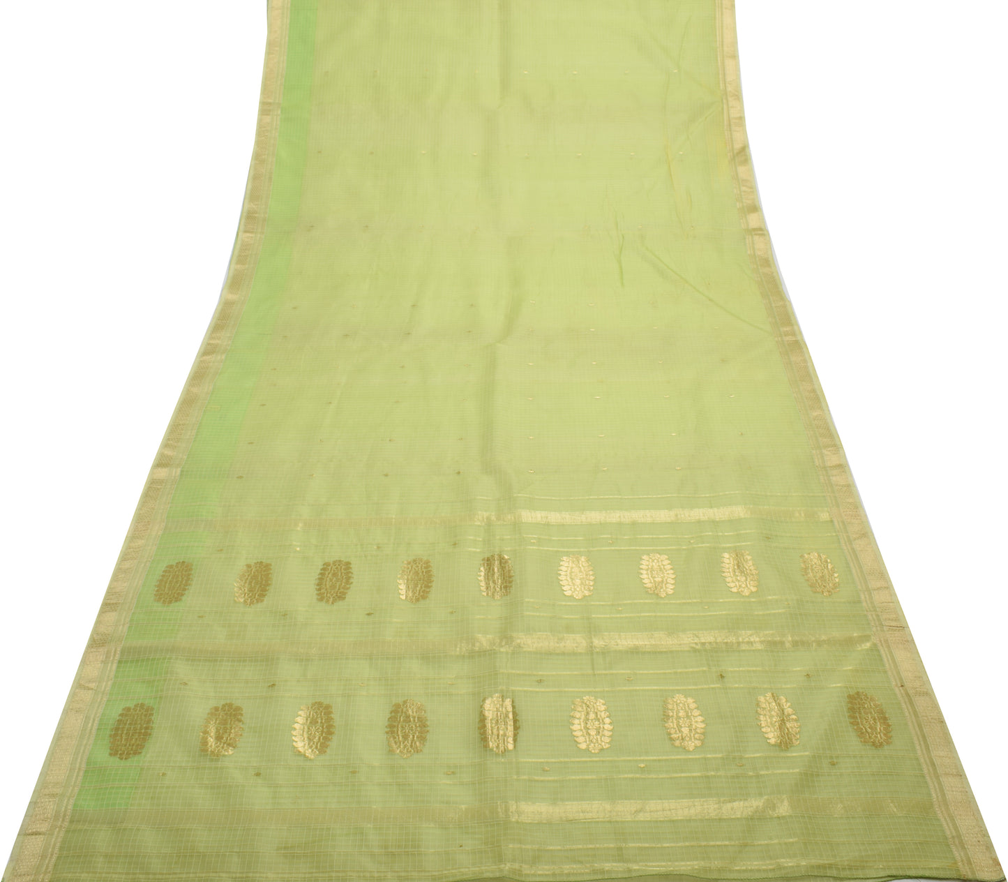 Sushila Vintage Green Saree 100% Pure Silk Supernet Checks Woven Sari Fabric