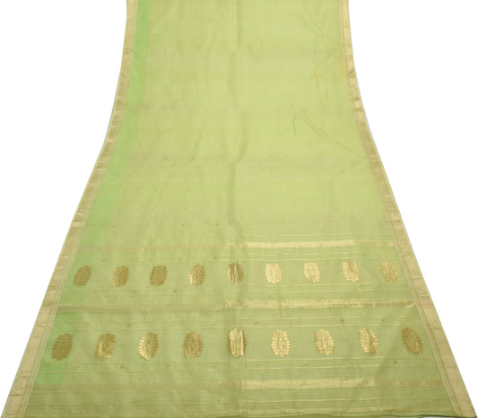 Sushila Vintage Green Saree 100% Pure Silk Supernet Checks Woven Sari Fabric
