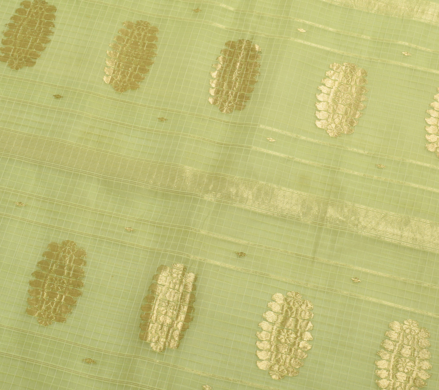 Sushila Vintage Green Saree 100% Pure Silk Supernet Checks Woven Sari Fabric