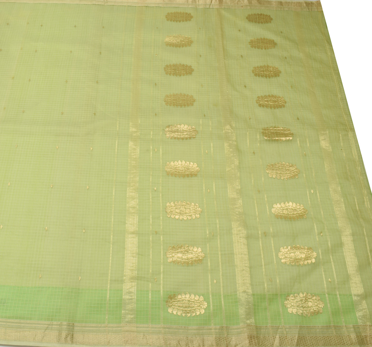 Sushila Vintage Green Saree 100% Pure Silk Supernet Checks Woven Sari Fabric