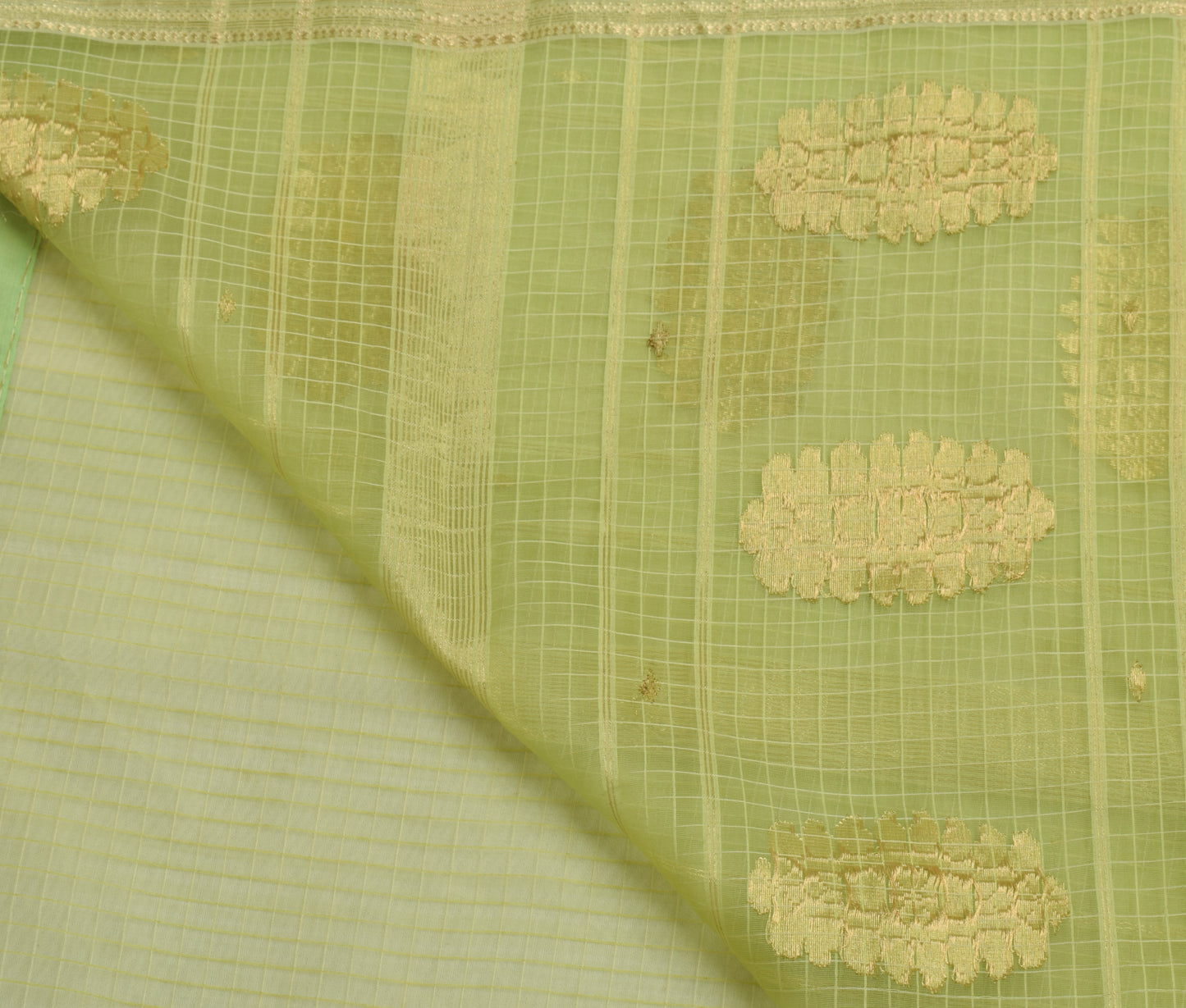 Sushila Vintage Green Saree 100% Pure Silk Supernet Checks Woven Sari Fabric