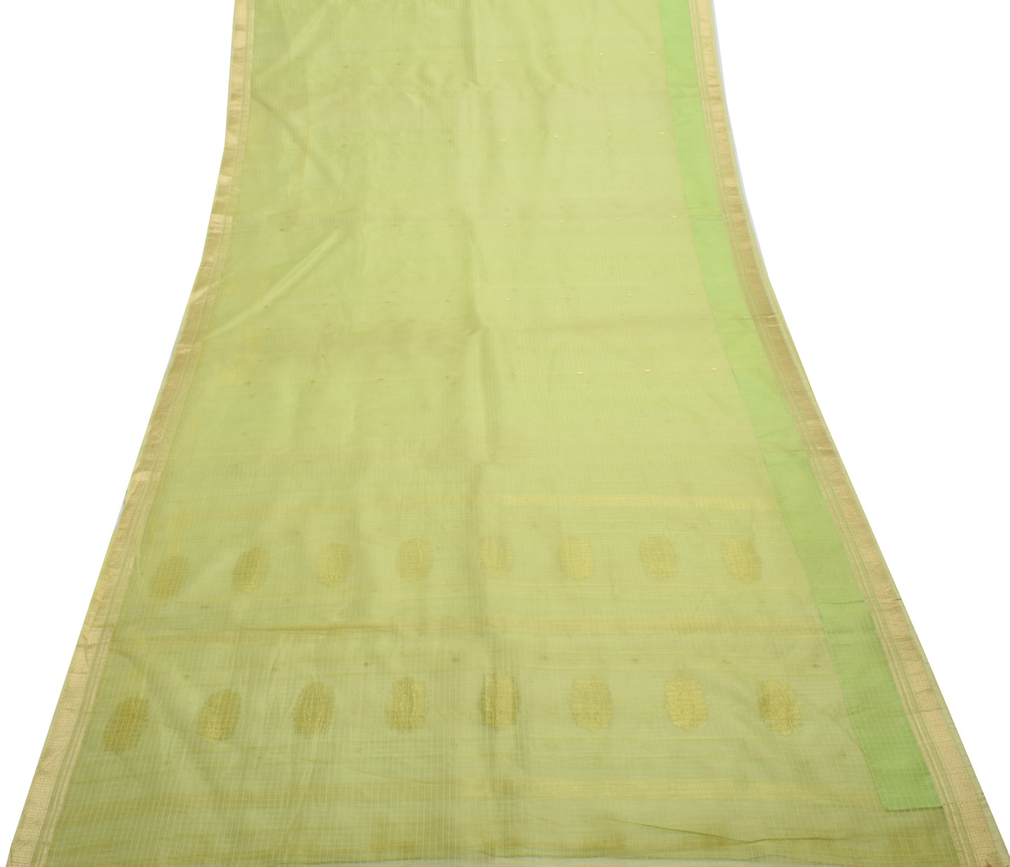 Sushila Vintage Green Saree 100% Pure Silk Supernet Checks Woven Sari Fabric
