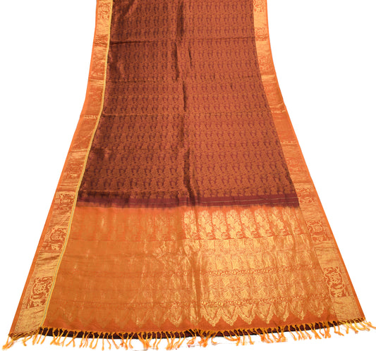 Sushila Vintage Maroon Saree 100% Pure Silk Flora All Over Woven Sari Fabric