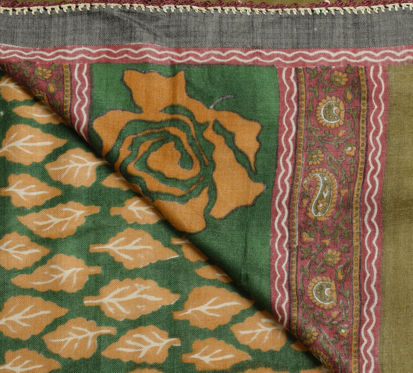 Sushila Vintage Dark Green Saree 100% Pure Woolen Floral Woven Soft Sari Fabric