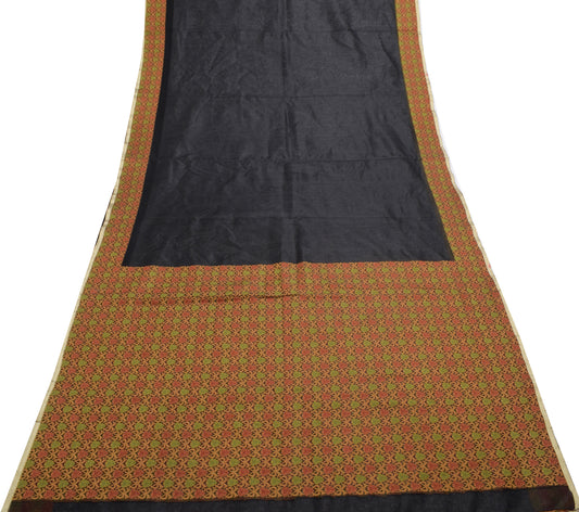 Sushila Vintage Black Indian Saree Blend Silk Supernet Woven Sari Craft Fabric